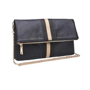 Glitzy Girlz Black Faux Leather Foldover Clutch Purse‎ with Gold Chain Strap